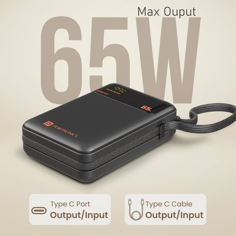 Portronics Ignis 65 20000mAh Battery, LED Display, Type C in Built Cable, For Smartphone, Laptops & Tablets view 2