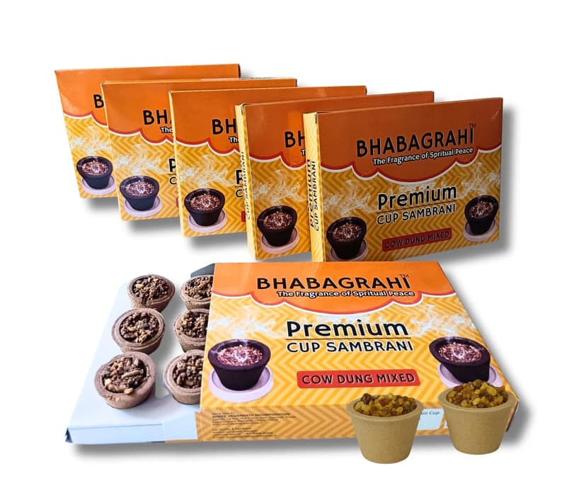 Bhabagrahi Premium Sambrani Cups | Pure Guggul, Loban & Cow Dung Mix | Puja & Meditation Aroma with Burning Plate (72 Cups, Set of 6 Boxes)