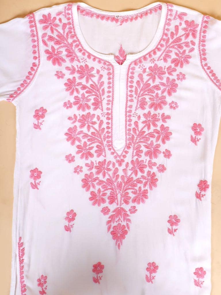 Handmade Lucknow Chikankari Off-White Kurta with Pink Thread work view 7