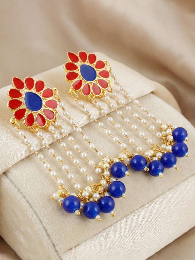 LUCKY JEWELLERY Gold Plated Magenta Enamel Floral Earrings with Moti Layers (354-KEO-13113-RB) view 7