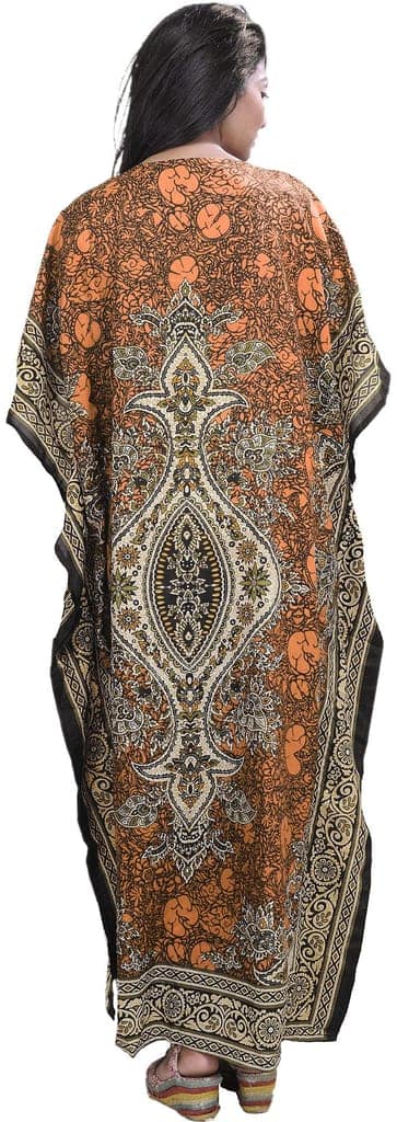 Peach Long Printed Kaftan with Dori at Waist view 2