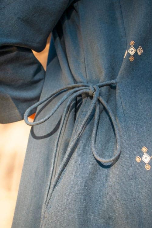 Akriti Blue Handwoven Extra-Weft V neck Dress view 5