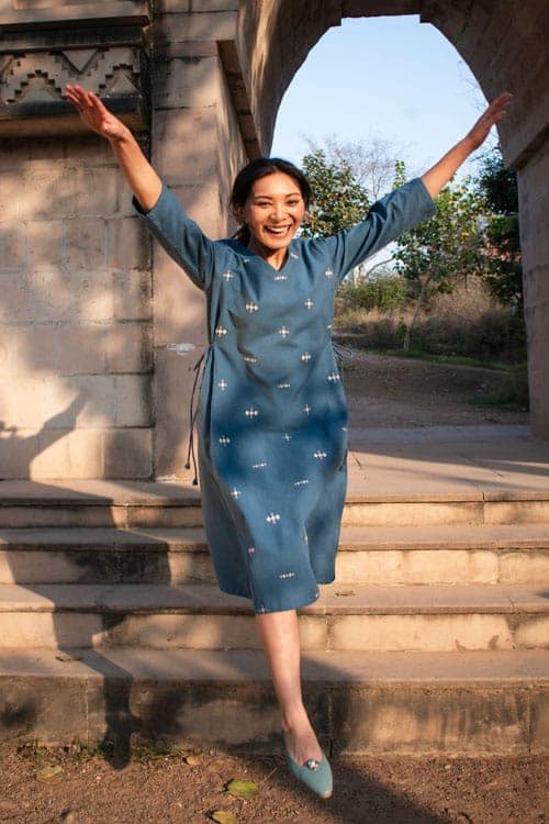 Akriti Blue Handwoven Extra-Weft V neck Dress view 6