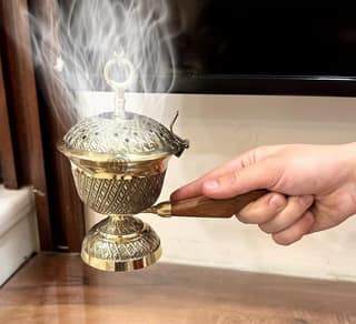 Brass Dhuna Loban Burner with Wooden Handle Dhoop Dani Dhooni Decorative Insence Burner Holder and Gift Items (LBN-17-MOONstar)