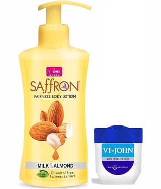 VI-JOHN Saffron Fairness Body Lotion Milk Almond 250ml& White Petroleum Jelly 50ml - Pack of 2
