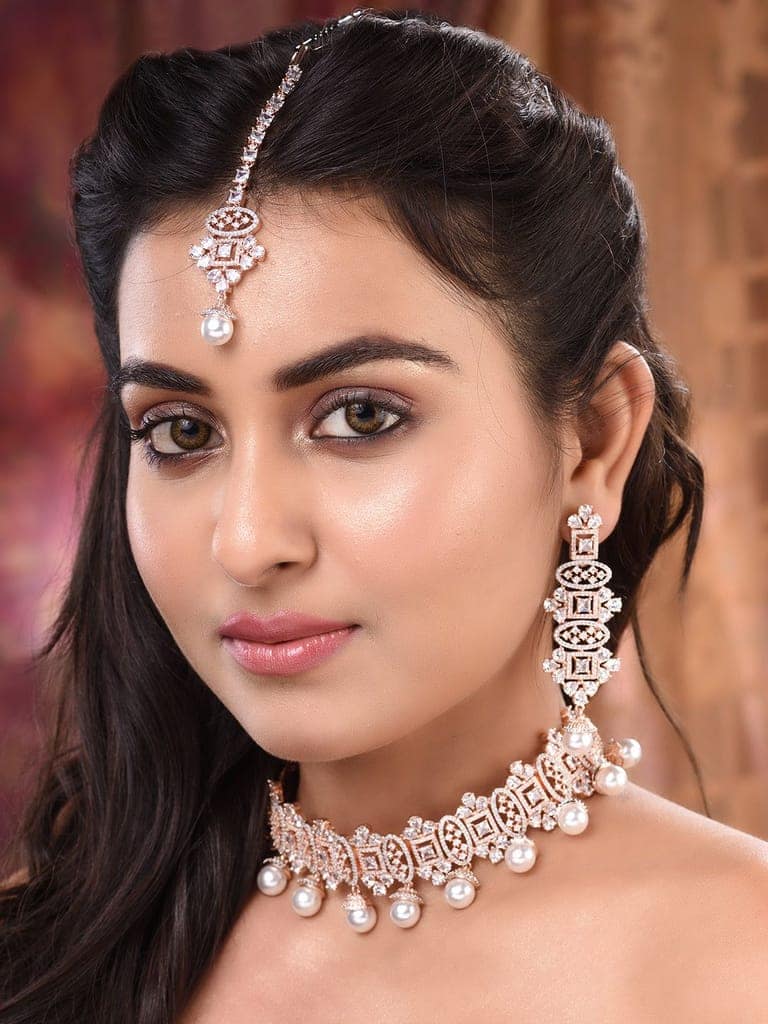 Rose Gold Toned White AD Studded & Pearl Beaded Choker Jewellery Set Mangtika view 2