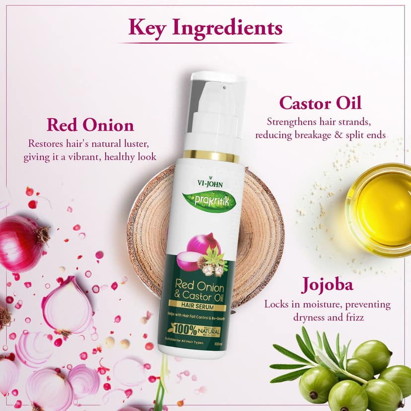VI-JOHN Prakritik Red Onion & Castor Oil Hair Serum for Frizzy Free, Strong, Shiny Hair | Deep Smoothing & Nourishing for Hair Growth and Healthy Hair, 100% Natural Bioactives | 100ML view 5