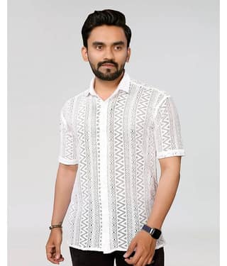 HARPITA Cotton Blend Regular Fit Self Design Half Sleeves Men's Casual Shirt - White ( Pack of 1 )
