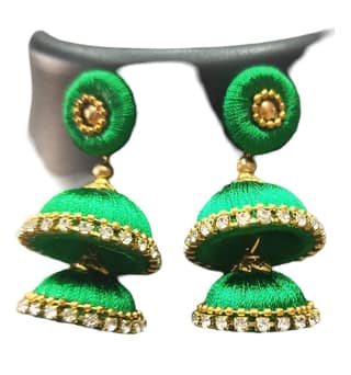 Green Silk Thread Jhumka Earrings with Stone and Pearl Embellishment