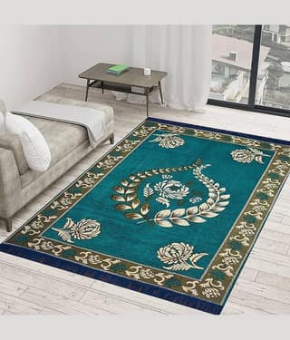 RADECOR Blue Chenille Carpet Floral 5x7 Ft