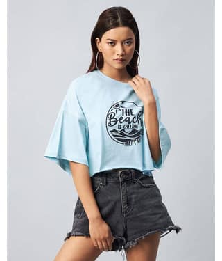 Chimpaaanzee Women Cotton Printed Regular Fit Round Neck T-Shirt ( Light Blue )