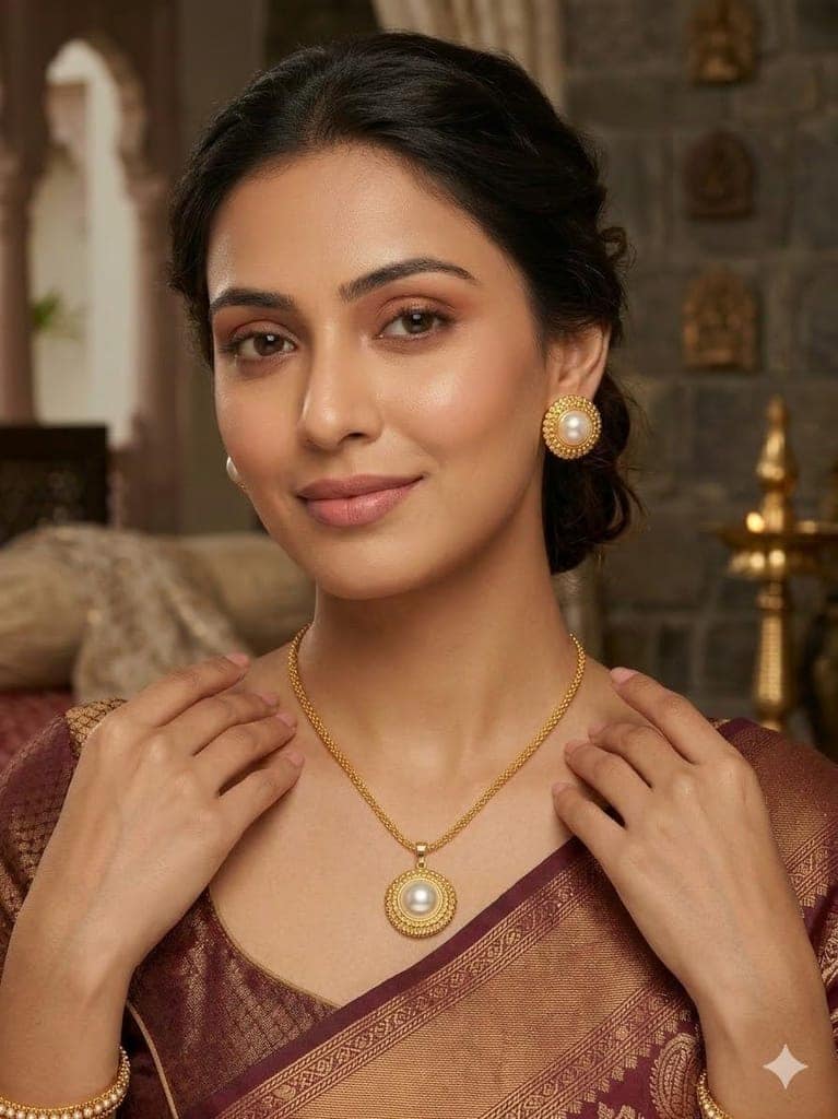 GemGleam Gold Plated Pearl Pendant Set with Earrings for Women | Elegant Designer Jewellery | Anti-Tarnish | Skin-Friendly | Stylish Lightweight Jewellery for Girls (Pearl Halo) view 2