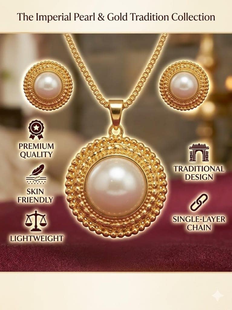 GemGleam Gold Plated Pearl Pendant Set with Earrings for Women | Elegant Designer Jewellery | Anti-Tarnish | Skin-Friendly | Stylish Lightweight Jewellery for Girls (Pearl Halo) view 3