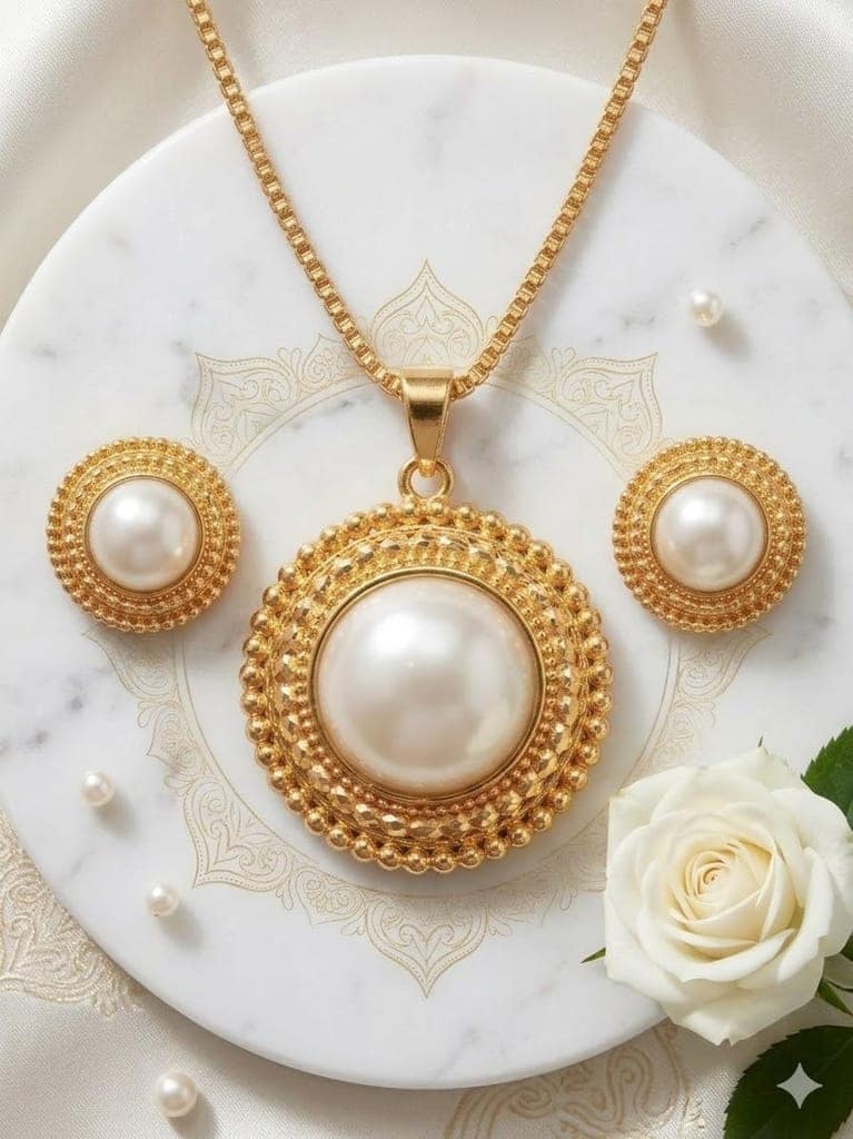 GemGleam Gold Plated Pearl Pendant Set with Earrings for Women | Elegant Designer Jewellery | Anti-Tarnish | Skin-Friendly | Stylish Lightweight Jewellery for Girls (Pearl Halo) view 4