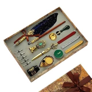 Vintage Feather Pen Quill Pen Set with ink, Wax Stamp, 5 Replacement Nibs, 3 Sticks, spoon for Valentine and Birthday Gift
