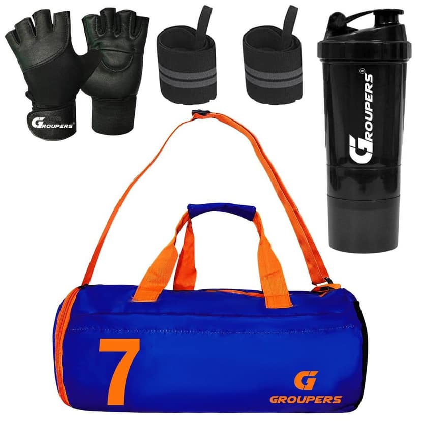 GROUPERS Combo Set of Duffle Polyester Bag with Shaker Bottle-500ml, Gloves & Wrist Band (Blue 07)