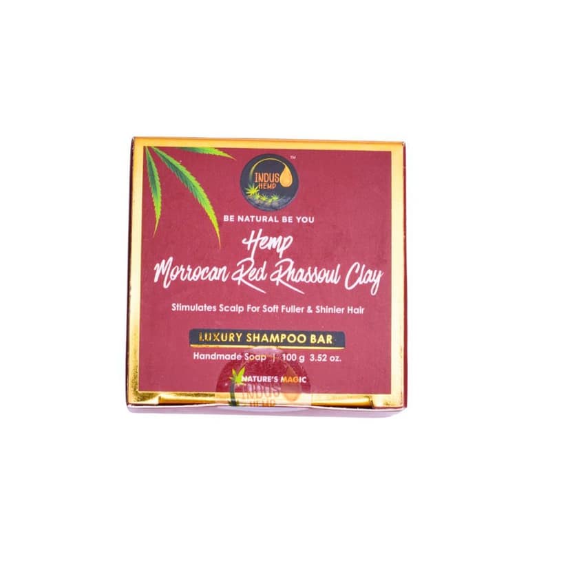 INDUS HEMP MOROCCAN RED RHASSOUL CLAY| LUXURY SHAMPOO BAR|STIMULATES SCALP FOR SOFT FULLER & SHINIER HAIR | HANDMADE SOAP| 100G 3.52 oz