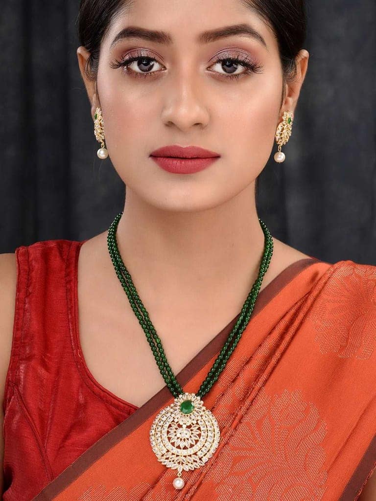 Gold Plated Polki AD studded Green Beads Maala Necklace Set view 3