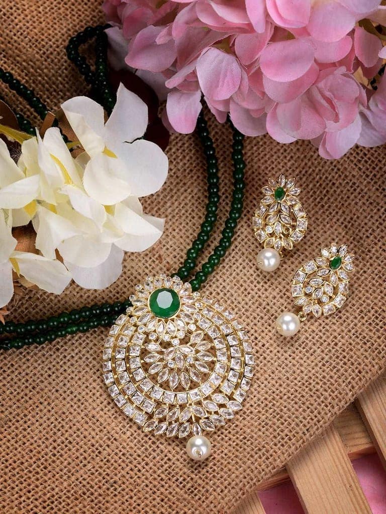 Gold Plated Polki AD studded Green Beads Maala Necklace Set view 4