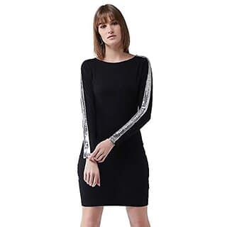 Miss Chase Womens Black Cotton Round Neck Full Sleeves Solid Sequined Mini Glitter Bodycon Dress