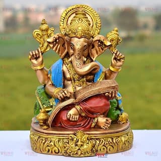 WELNO International Big Size Ganesha Reading Ramayana Statue Hindu God Ganesha Sitting Idol for Home Decor & Office (24 cm)