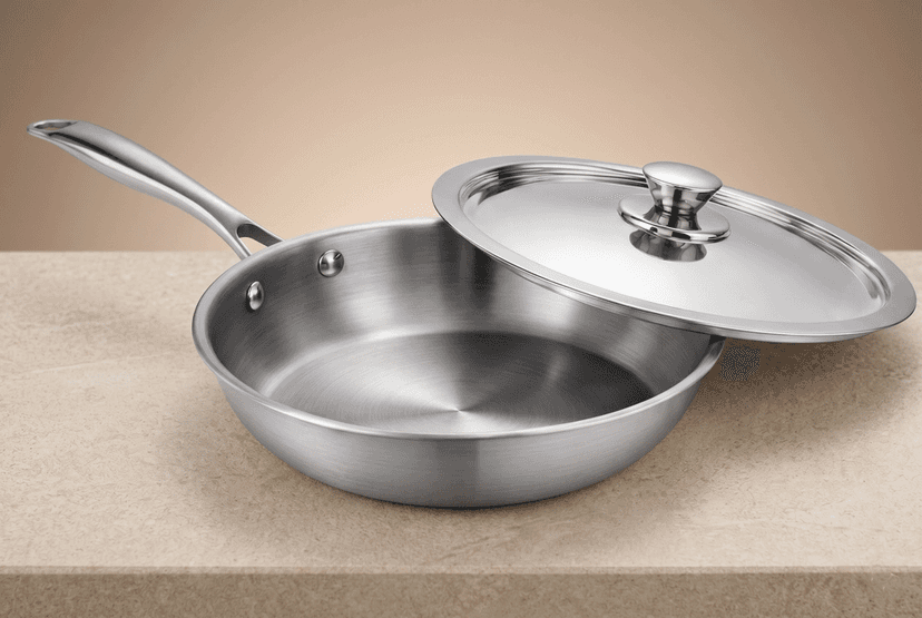 WEKTU Triply Stainless Steel Frypan with Stainless Steel Lid– 3-Layer Heavy-Gauge Frying Pan with Riveted Cool Touch Handle | Induction & Gas Compatible Skillet