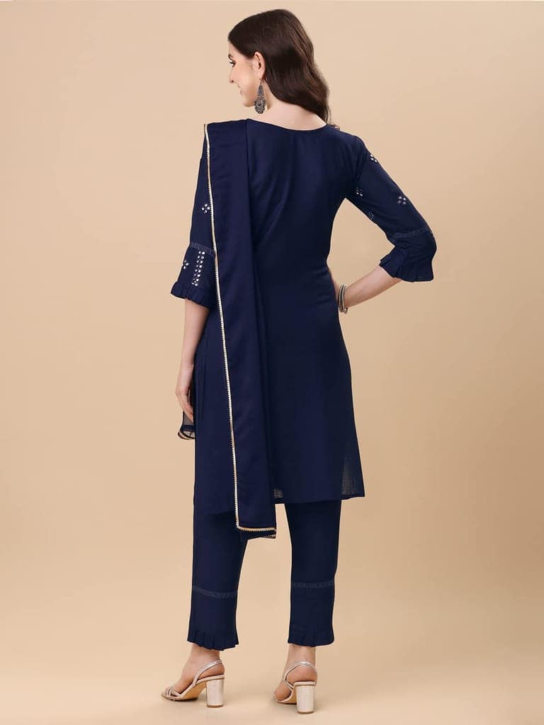 Buy & Try Women's Straight Rayon Embroidery Kurti Pant Set with Duppta | Festival & Wedding Special Kurta Set for Women view 3