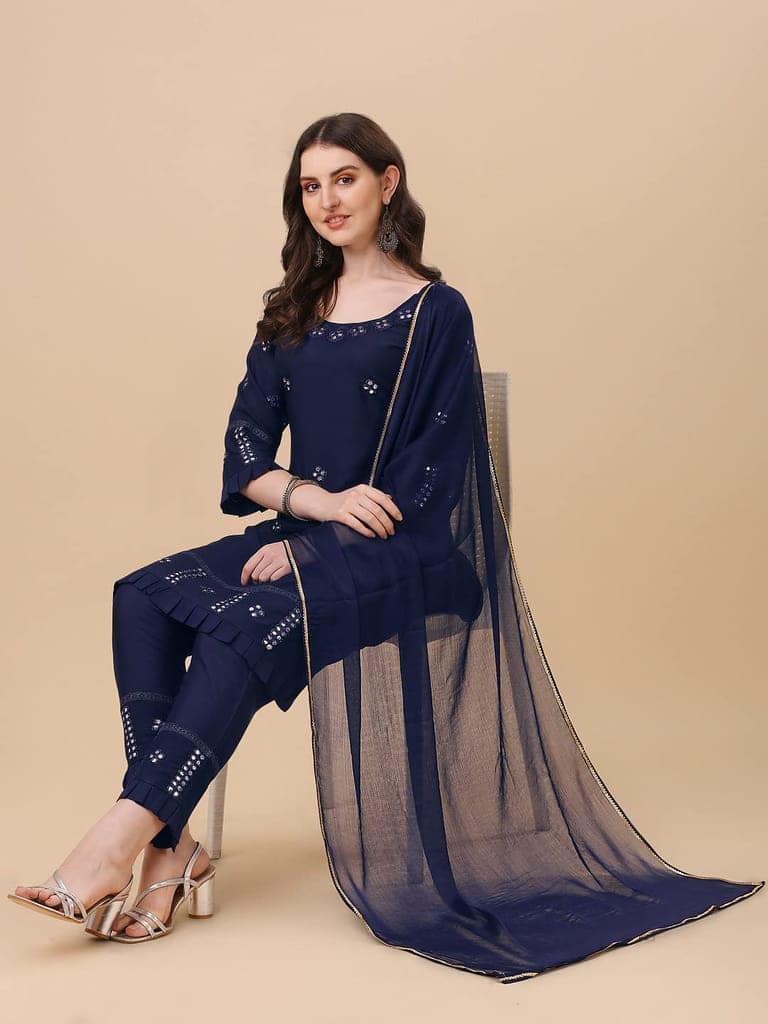 Buy & Try Women's Straight Rayon Embroidery Kurti Pant Set with Duppta | Festival & Wedding Special Kurta Set for Women view 4