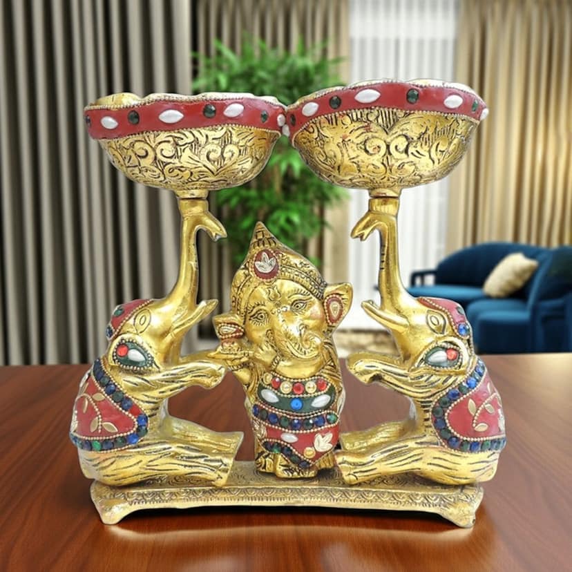 Aluminium Showpiece Double Bowl With Ganesh & Elephant, Height : 8.5 Inch (ASMAS509 X)