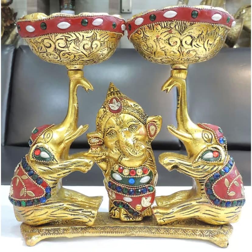 Aluminium Showpiece Double Bowl With Ganesh & Elephant, Height : 8.5 Inch (ASMAS509 X) view 2