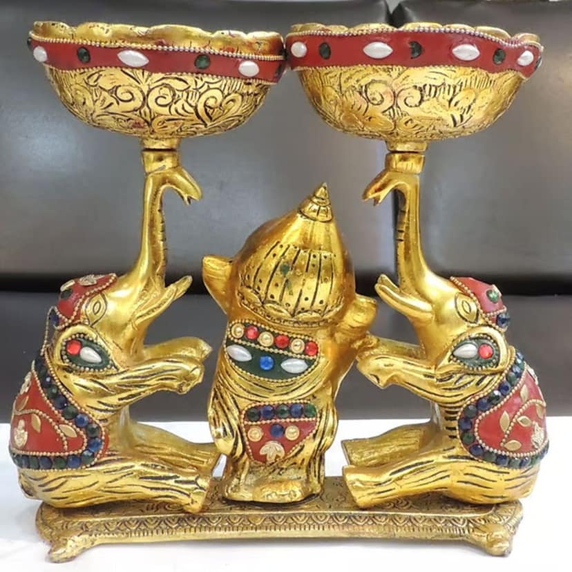 Aluminium Showpiece Double Bowl With Ganesh & Elephant, Height : 8.5 Inch (ASMAS509 X) view 3