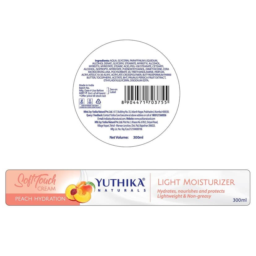 Yuthika Peach Hydration Light Moisturizer Cream for Face, Hand, Body, Dry Skin Moisturizer for All Skin Types - 300ml view 2