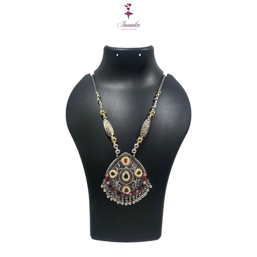 ANAMIKA Luxury Handcrafted Necklace Jewellery Set with Ear Rings, Oxidized, Oval Pendant, Multicolored Stones, Pearls view 2