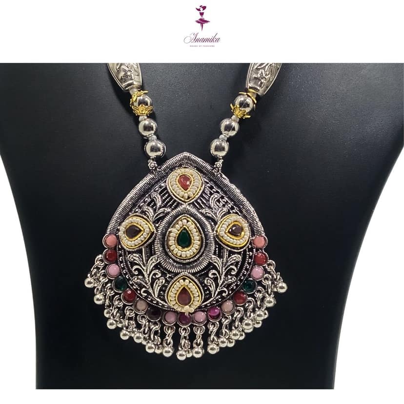 ANAMIKA Luxury Handcrafted Necklace Jewellery Set with Ear Rings, Oxidized, Oval Pendant, Multicolored Stones, Pearls view 3