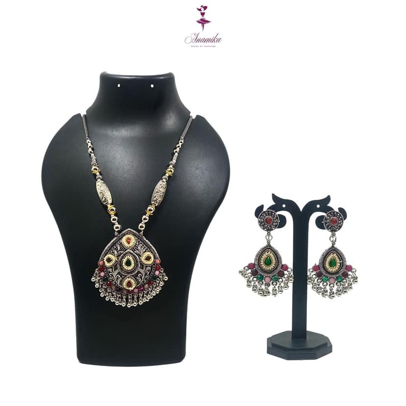 ANAMIKA Luxury Handcrafted Necklace Jewellery Set with Ear Rings, Oxidized, Oval Pendant, Multicolored Stones, Pearls view 4