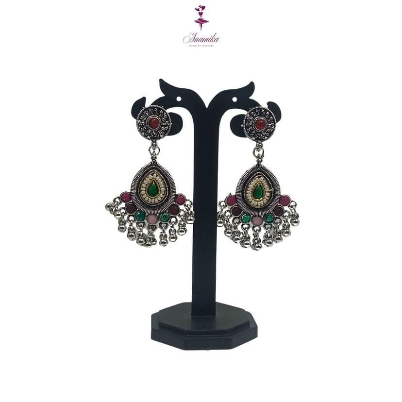 ANAMIKA Luxury Handcrafted Necklace Jewellery Set with Ear Rings, Oxidized, Oval Pendant, Multicolored Stones, Pearls view 5