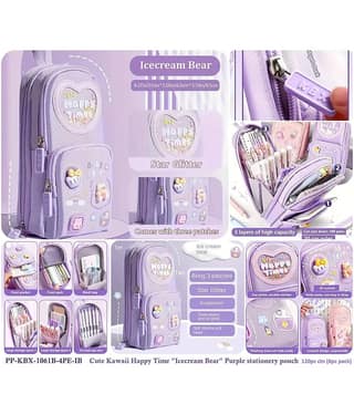 Villy Happy Time “Icecream Bear” 3-Layer Large Capacity Pencil Pouch with Star Glitter & 3D Patches – Purple
