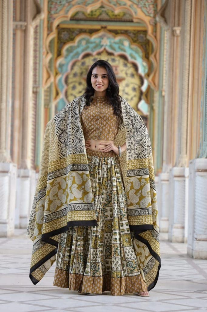 Cotton Lehanga Handblock Printed Dirt Brown Color and Top With Mulmul Dupatta (Size 34-46)-6560 view 3