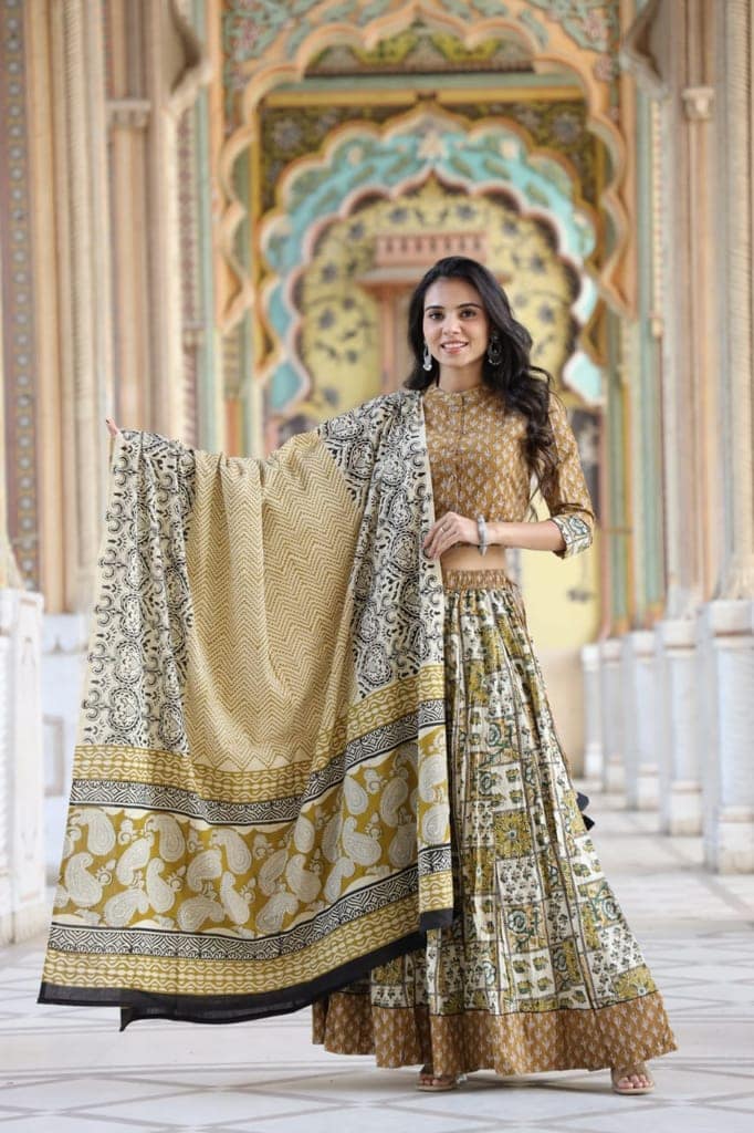 Cotton Lehanga Handblock Printed Dirt Brown Color and Top With Mulmul Dupatta (Size 34-46)-6560 view 4