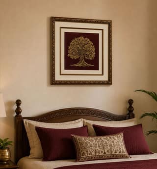 Handcrafted Zari Zardozi Glazed Cotton Kalpavriksha Framed Wall Art