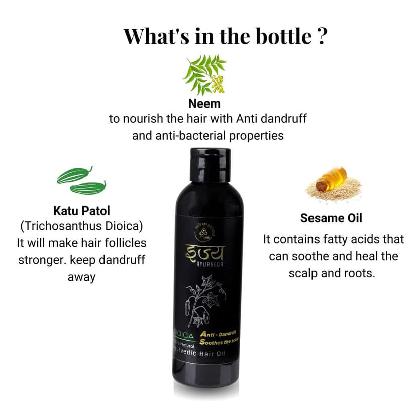 Ijya Ayurveda Dioica Ayurvedic Anti-Dandruff Hair Oil - Fights Dandruff & Nourishes Scalp | Soothing Blend with Katu Patol, Neem, Sesame Oil & Chandan | 100% Natural | Ijya Ayurveda | 180 ml view 2