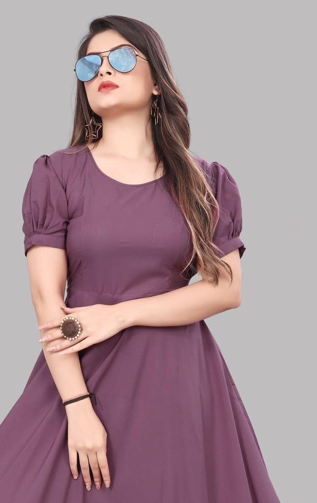 Women's Stylish Mauve Rayon A-Line Dress with Puff Sleeves
