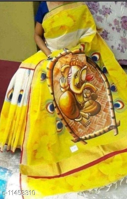 Luxury Kerala Kasavu Cotton Saree | Hand Painted Lord Ganesha with Peacock Motifs & Designer Pallu | Multicolor Ethnic Saree with Golden Zari Border & Running Blouse I Traditional Ethnic Indian Saree | Festive & Occasion Wear view 2