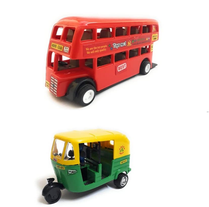The Game Begins Pull Back and Go Double Decker Bus and Auto Rickshaw Toy Combo for Kids