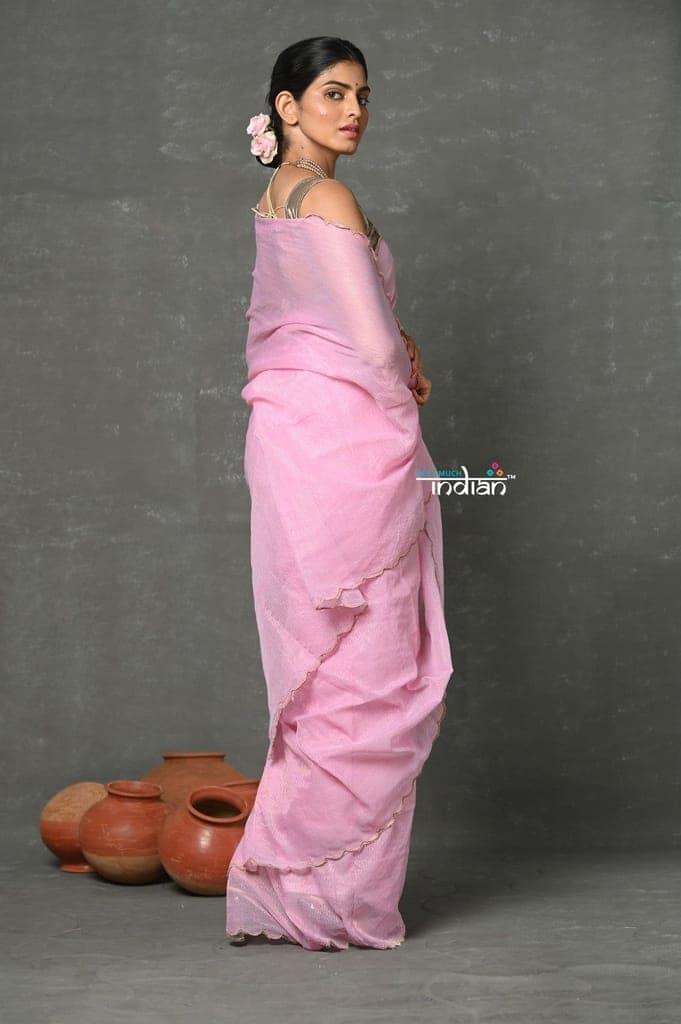 Tyohaar ~ Mul Cotton Zari Design Handloom Woven Saree - Lily Pink view 3