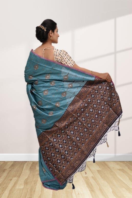 Turquoise Blue Tussar Silk Saree with Contrast Border view 2