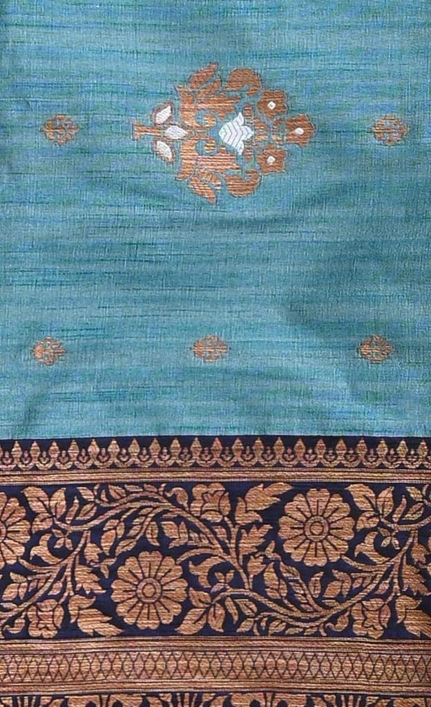 Turquoise Blue Tussar Silk Saree with Contrast Border view 4