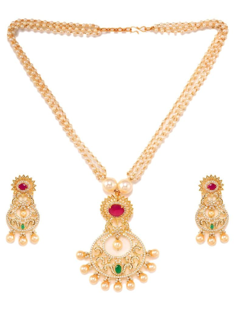 Gold Plated Multi AD and Pearl Studded Chandbali Pendant Necklace and Earrings Set view 4