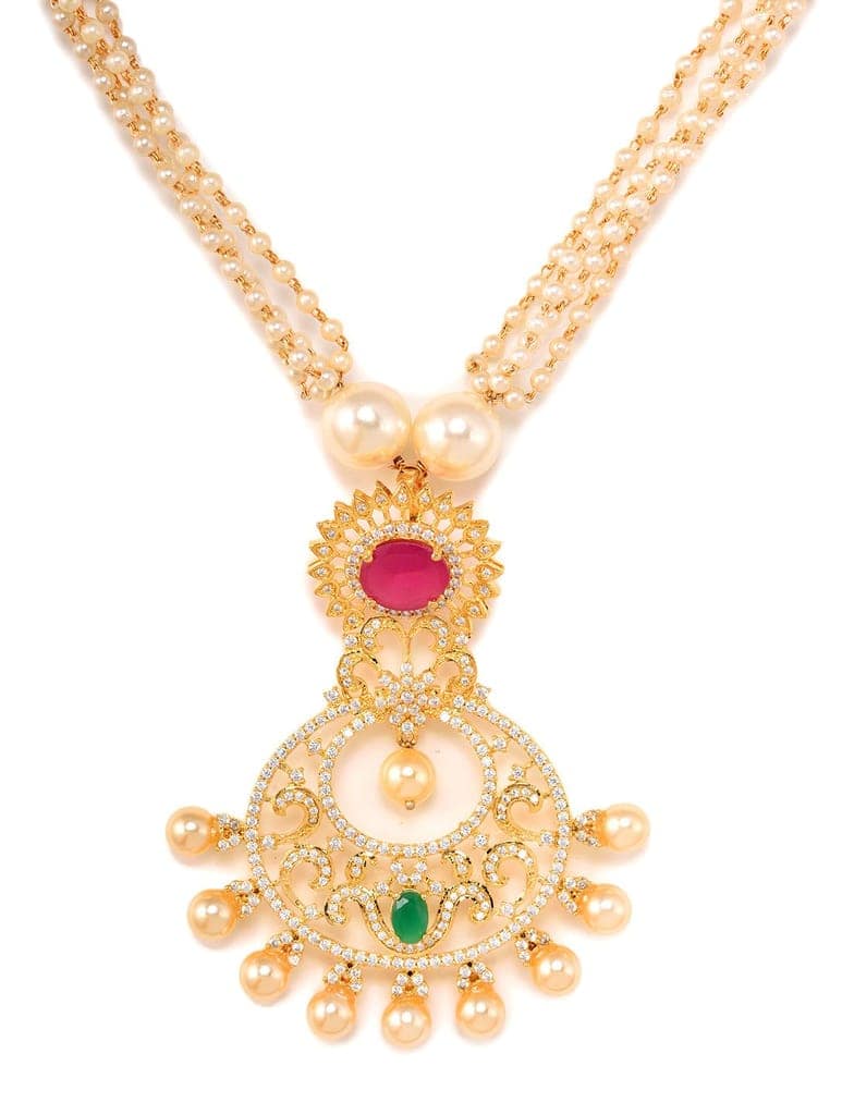 Gold Plated Multi AD and Pearl Studded Chandbali Pendant Necklace and Earrings Set view 5