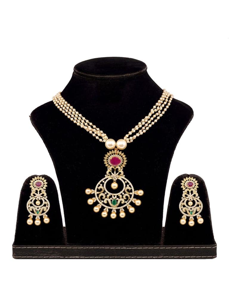 Gold Plated Multi AD and Pearl Studded Chandbali Pendant Necklace and Earrings Set view 8